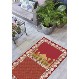 Tapis de prière rouge et or : design islamique, lavable en machine, avec tapis à poils doux - Product Image 4
