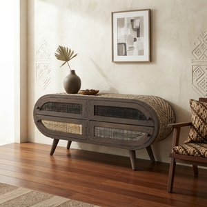 Bone Modern Apartment Nightstand Mahogany Wood Oval Bedroom Bedside Cabinet Handwoven Rattan Doors Premium Storage Organizer - Product Image 2