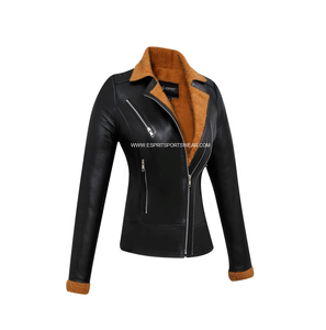 2024 nouveau Design femmes en cuir véritable couleur noire veste d'hiver col rabattu respirant Viscose Sherpa doublure OEM vente en gros - Product Image 4