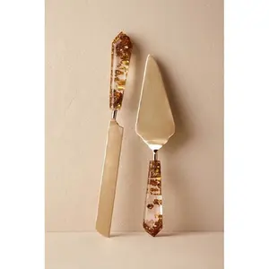 White Resin Glitter Designer Handle Round Circular Gold Finished Stainless Steel Cake Server wedding cake server set