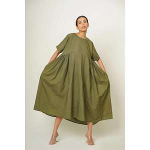 Women's Olive Green Loose Fit Floor-Length Cotton A-Line <b>Dress</b> with <b>Short</b> Sleeves Casual Summer Oversized Gothic <b>Floral</b> Paisley - Product Image 2