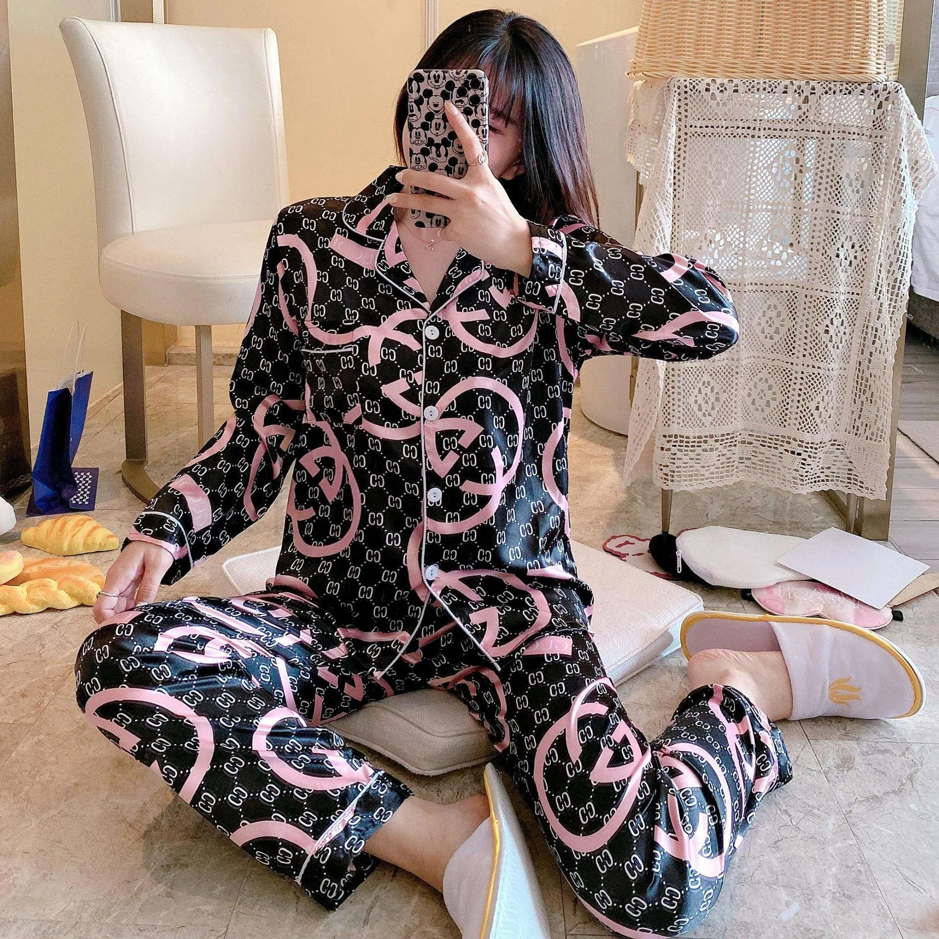 Fall Sleepwear Lady 2 Piece Nightwear Nighty Home Clothes Silk Pyjama Designer Inspired Pajama Satin Night Suit for Women Woven