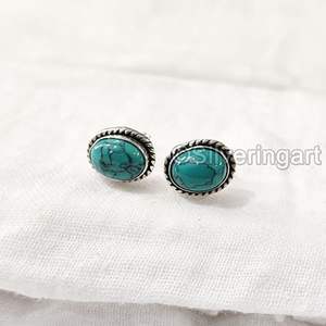 Boucles d'oreilles clous pour femmes, pierre précieuse turquoise tibétaine naturelle, bijoux bohèmes faits à la main, argent sterling 925 - Product Image 3