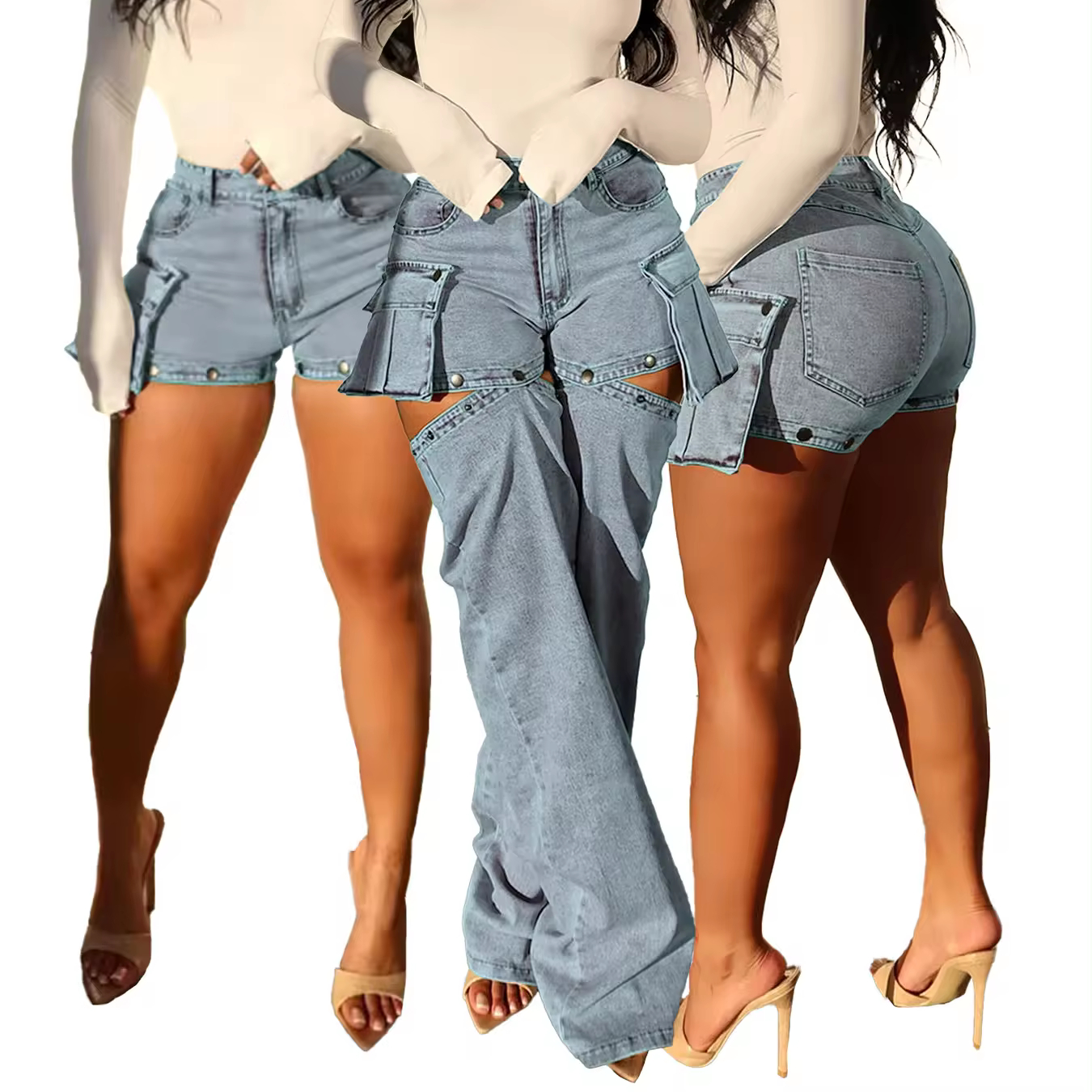 Sharee vêtements à la mode rue Baggy amovible Denim Cargo Jeans bleu clair Shorts Jeans femmes