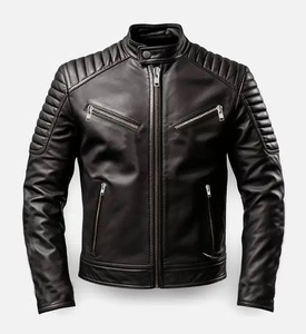 Chaqueta de motorista informal de invierno con cuello levantado para hombre en negro Piel de cordero genuina con cierre de cremallera Tipo de suministro ODM - Product Image 1