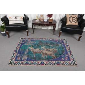 Alfombra de lana verde azul rústica 5,2X3,6 pies hecha a mano turca área grande rectángulo Patchwork abstracto Halleway modelo látex nuevo - Product Image 1