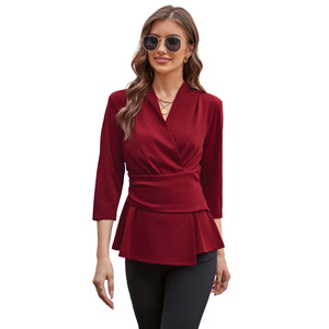 GRACE KARIN Damen 2023 <span class=keywords><strong>Peplum</strong></span> Oberteile Locken V-Ausschnitt 3/4 Ärmel Arbeit Business-Bluse solide Krawatte Taille Brautfreihemden - Product Image 5