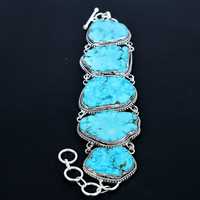 Pulsera de Lujo con Turquesa Rara y Brillante, Plata de Ley 925, Hecha a Mano, Estilo Bohemio, Unisex, Talla Grande, Certificación GIA, Oro