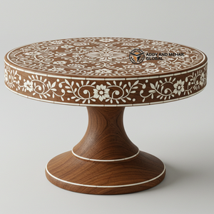 Support à dessert rond en bois incrusté d'os de luxe, fait à la main, design floral artistique pour des réceptions élégantes - Product Image 1