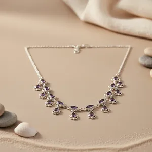 Collier en or 14 carats et argent 925 pour femmes, plaqué rhodium, pierre précieuse améthyste en forme de larme, bijoux religieux chrétiens, motif géométrique - Product Image 2