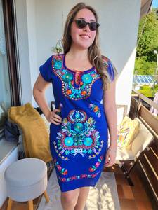 Vestido bordado mexicano azul vestido de algodón bohemio floral hecho a mano para mujer vestido túnica corta de estilo popular étnico - Product Image 4