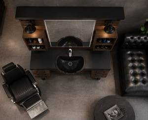 Luxury Modern <b>Walnut</b> Barber Station Double Mirror Storage <b>Cabinet</b> Black Sink Professional Salon Styling Unit Custom Furniture - Product Image 4