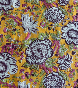 Tela de Algodón Estampada a Mano con Diseño Floral Mughal en Amarillo Mostaza |   Textil Indio Premium - Product Image 3