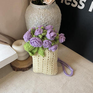Crochet <b>Sweet</b> Woven Finished <b>Flower</b> Mobile Phone Bag Women's Fashion Crossbody Handmade Shoulder Bag Polyester Drawstring - Product Image 2