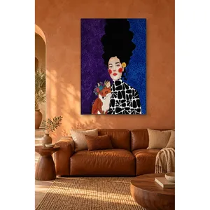 Impression sur toile Fida : Femme et renard sur fond violet et bleu - Product Image 1