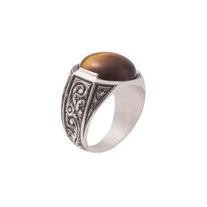Bague pour homme gravée en argent sterling 925 et acier inoxydable, avec pierre œil de tigre octogonale, sertissage clos élégant, incrustation, certifiée 'IS' - Product Image 2