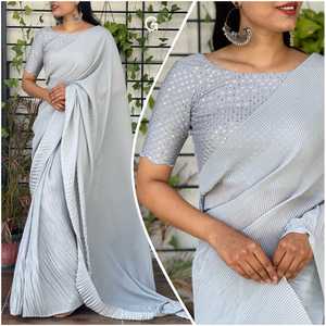 Hermosa étnica satén seda Sari mujeres último indio Chinnon plisado secuencia trabajo fiestas bodas señoras moda mayorista - Product Image 2