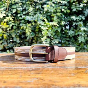 เข็มขัดลำลองของผู้ชายแบบวินเทจสายรัดผ้าทอลายทางทำจากโพลีเอสเตอร์พร้อมแถบหนังเย็บและหัวเข็มขัดทองเหลือง - Product Image 3