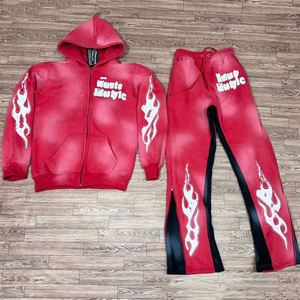 New Arrival Winter Hooded Solid Distressed Design Custom Embroidery <b>Applique</b> Sun-Faded Acid Wash Flared Sweat Suit Streetwear - Product Image 5