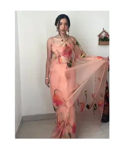 Hint trend güzel tasarımcı Saree organze ipek dijital baskı iş sari kadınlar için parti ve düğün kıyafeti toptan fiyat