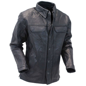 Último diseño personalizado nuevo botón de alta calidad abajo manga completa negro camisas de cuero de los hombres, dos bolsillos laterales camisas de cuero - Product Image 1