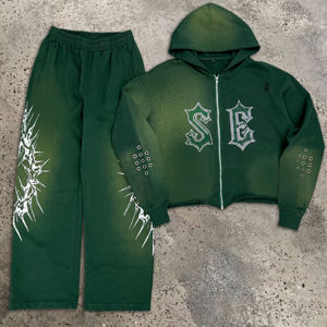 Ropa de calle personalizada para niños, sudadera holgada con capucha y pantalones apilados, chándales de lavado ácido para niños, chándales acampanados recortados estampados DTG - Product Image 1