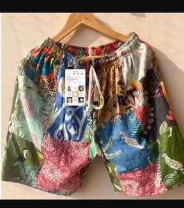 100% Cotton Asymmetric High-Waist Drawstring <b>Shorts</b> with Embroidery Breathable Patchwork Animal Pattern Canvas Pant Style - Product Image 2
