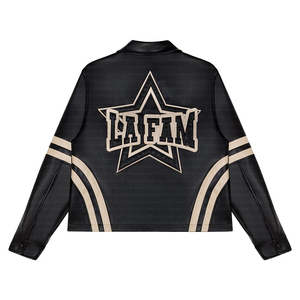 Chaquetas de cuero PU a prueba de viento con cuello levantado y capucha Retro Vintage High Street con logotipo bordado con cremallera a la moda personalizada para hombres - Product Image 5