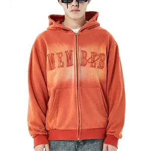 Sudaderas con Capucha para Hombre al por Mayor, Estilo Vintage Deslavado al Ácido, con Cierre, Personalizadas con Apliques Bordados, Estilo Urbano - Product Image 1