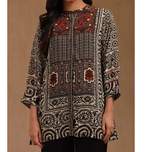 Ropa Exclusiva India y Pakistaní, Vestido Kurti Negro Estampado para Mujer, Estilo Casual Holgado, Atuendo Étnico Rojo al Mejor Precio - Product Image 1