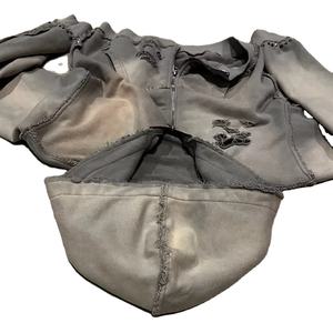 Sudadera con capucha lavada con ácido de rizo pesado 500GSM para hombre, doble cremallera, diamantes de imitación desgastados, bordado, nuevo estilo, sudaderas con cremallera - Product Image 5