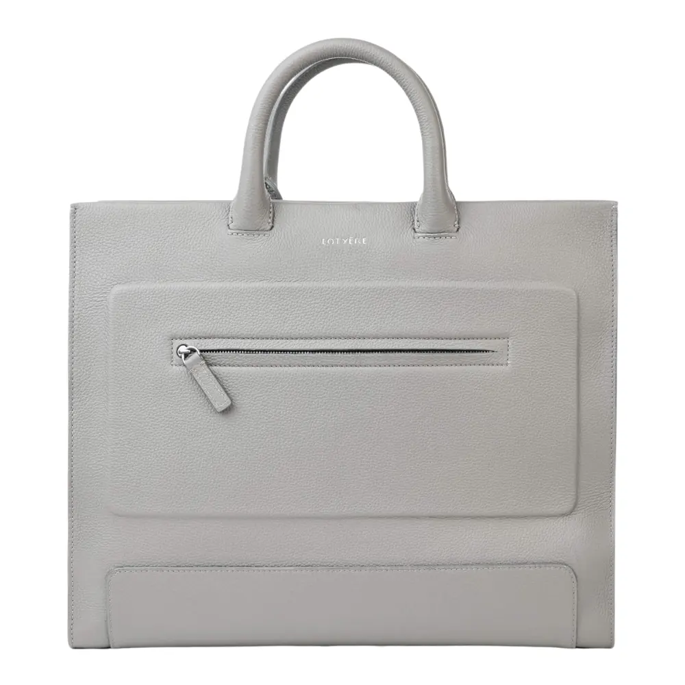 Men's luxury briefcase bag handcrafted in light grey calfskin entirely designed and made in Italy