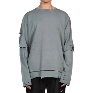 T-shirts à trous personnalisés pour hommes, poids lourd, délavés à l'acide vintage, coupe décontractée, T-shirts à manches longues double couche pour hommes - Product Image 1