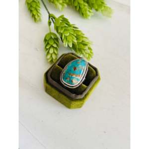 Southwest Style Kingman <b>Turquoise</b> & Sterling Silver <b>Ring</b> Size 9.5 Rose Gold 18K Plated Bezel Setting Inlay Stainless Steel Gift - Product Image 3