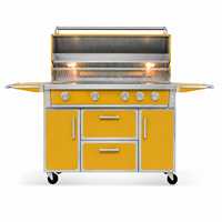 Barbecue à gaz extérieur jaune en acier inoxydable avec étagères latérales et rangement pour jardin et terrasse