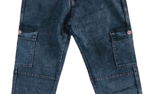 Pantalon cargo en denim tissé à chevrons bleu délavé vintage - Streetwear, jean ample à jambe droite avec poches latérales pour hommes - Product Image 2