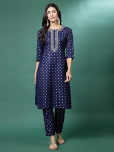 Kurtis de créateur exclusifs pour femmes, vêtements ethniques, tissu en coton pur, bleu marine, Kurti brodé droit, pantalon assorti, dupatta - Product Image 3