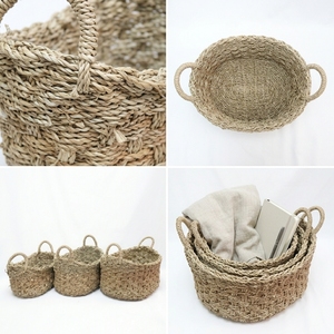 Juego de cestas de almacenamiento de banano y junco marino natural, con tejido de malla ovalado y asa en forma de arco, maceta de mesa, decoración artística pura para la habitación, artesanía. - Product Image 3