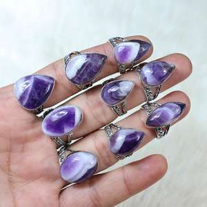 Natural púrpura Chevron amatista anillos de piedras preciosas joyería Boho diseñador Collet anillos joyería piedra preciosa cabujón - Product Image 1