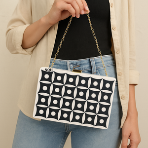 Pochette de soirée de luxe faite à la main en bois et résine, durable et écologique, avec incrustation géométrique, sac à bandoulière avec chaîne, logo personnalisé - Product Image 1