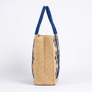 Woven Raffia Casual Tote <b>Bag</b> with Two Handles Open Top Floral Pattern <b>Reusable</b> <b>Shopping</b> Handbag for Retail Promotion - Product Image 3