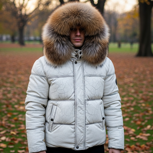 Veste en cuir matelassée pour homme avec capuche en fourrure de renard, veste décontractée respirante pour l'été - Product Image 4