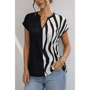 Women'<b>s</b> Short-Sleeved Mandarin V-Neck Woven Viscose <b>Blouse</b>, 37284 - Black - Product Image 2