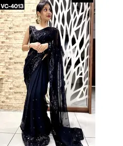 Pakaian etnik India Georgette Premium dengan payet bordir Saree kerja dengan blus potongan untuk wanita pakaian pesta Saree setelan