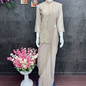 ผ้าซิ่นจอร์เจตต์สไตล์อินเดียสำหรับงานปาร์ตี้ของผู้หญิง ยี่ห้อ FABZONE พร้อมเสื้อคลุม (โคติ) ปักลายอย่างสวยงาม พร้อมสวมใส่ - Product Image 1