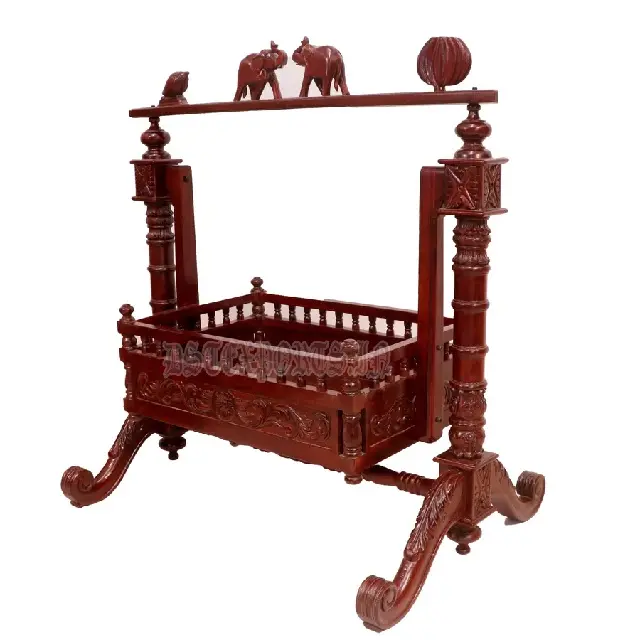 Royal Indian Teak Wood Baby Swing Traditional Carved Teak Wood Canopy Cradle Palna Intricately Carved Wooden Crib