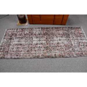 Vintage Rug 2.7x6.5 ft, <b>Brown</b> Gray Check <b>Wool</b> Turkish Rug - Product Image 3