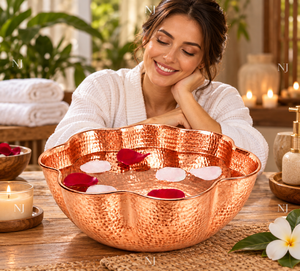 Bassin de pédicure NJ en cuivre martelé, forme lotus festonnée, avec fonction de massage par pétrissage, sans tuyauterie, pour salon - Product Image 6
