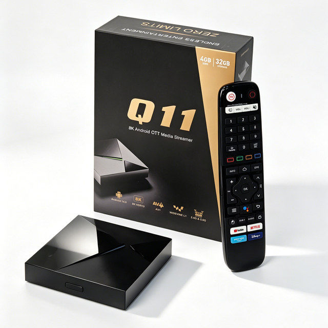 2026 Custom Logo Q11 Android 14 TV Box S905X4 Quad Core 4GB 32GB 8K Decoding Smart Box with BT Voice Remote Support 2.4G/5G Wifi
