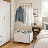 Porte-vêtements en métal blanc sur roulettes avec bac de rangement, organisateur modulaire pour chambre et buanderie, taille personnalisable, salle à manger